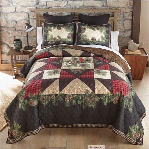 Cardinal Pine Patchwork Printed Queen Quilt Set Country Farmhouse Primitive - Picture 1 of 4